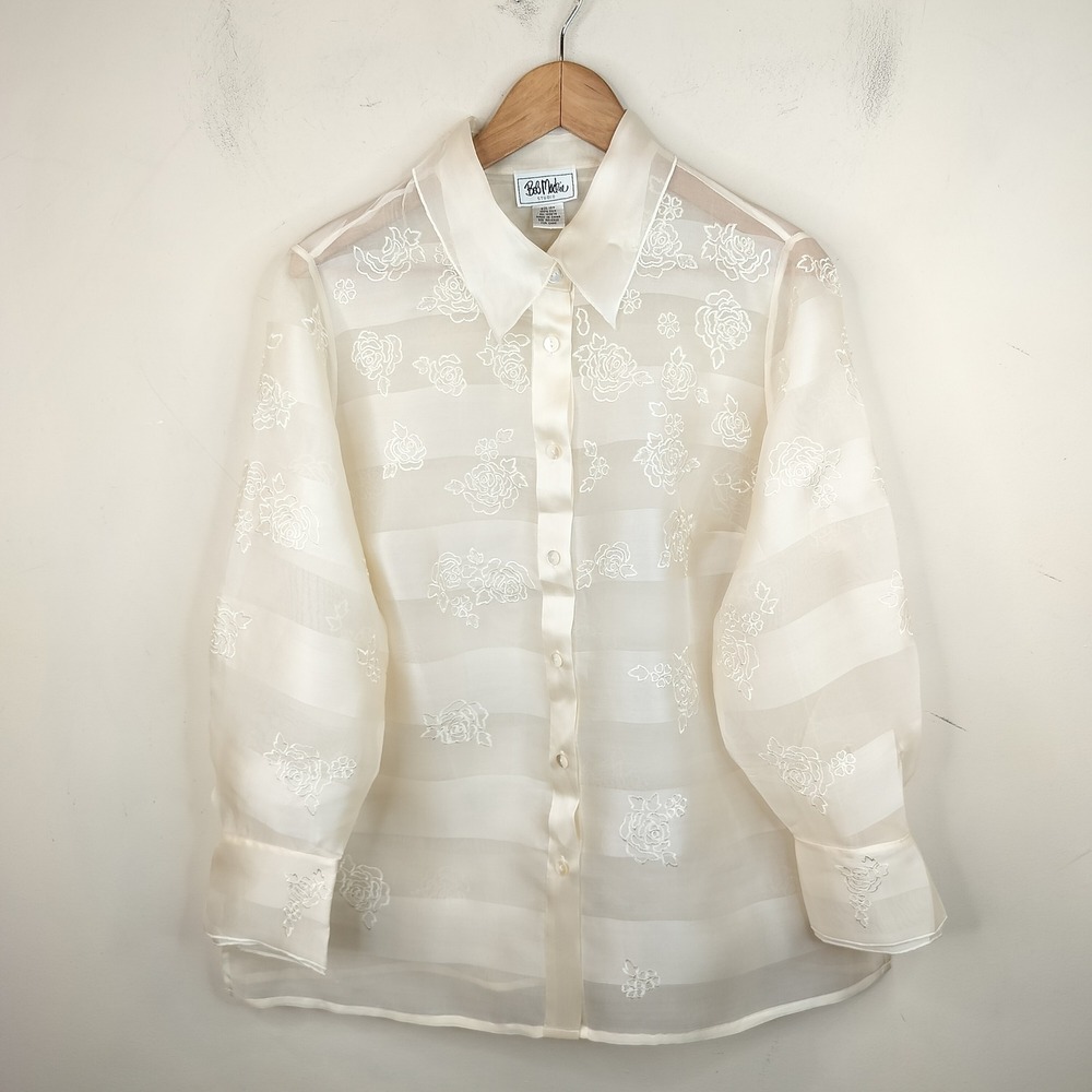 Bob Mackie Silk Floral Embroidered Shirt 16W Button Down Blouse Elegant Ivory